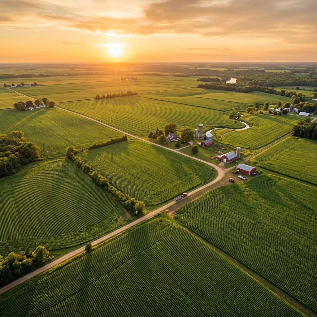 Vast farmland at golden hour
